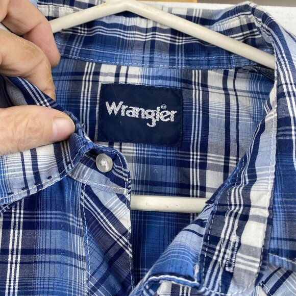 Wrangler Mens Western Shirt Large Blue Plaid With Pearl Snaps - Picture 5 of 9